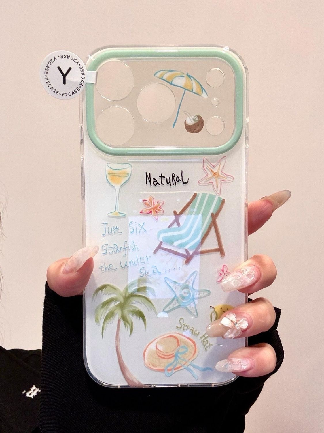 307.さわやか夏ビーチスマホケース リゾートヤシの木・ヒトデ柄クリア