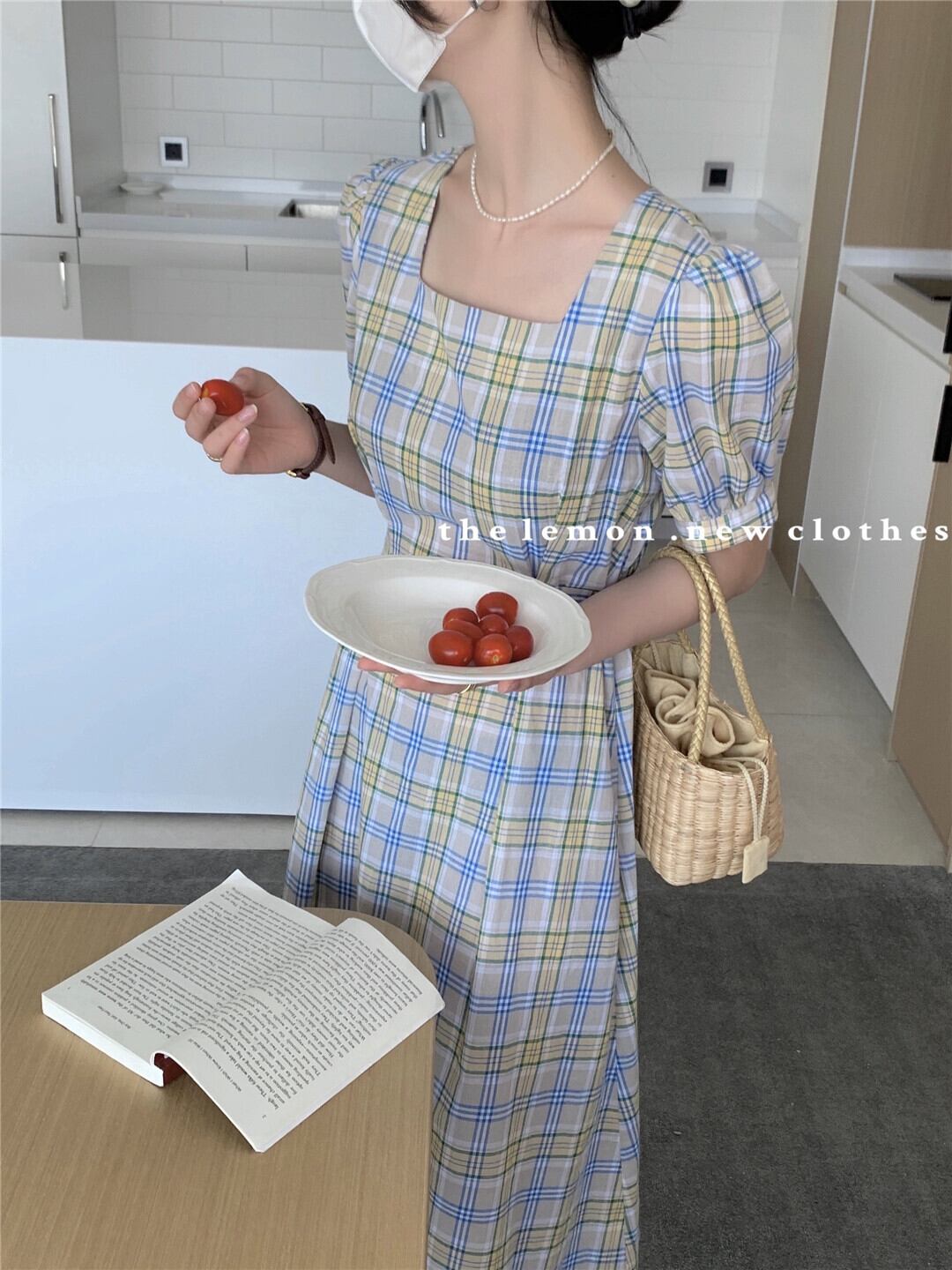 格子柄カラードレス サマースタイルウェストAラインスカート 夏物 スクウェア ビッグFスモールZ韓国40383089880