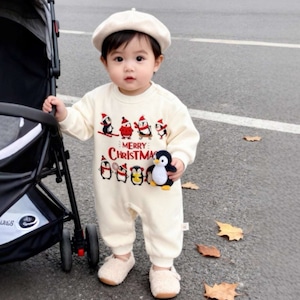 【冬作】ペンギンプリントクリスマスロンパース