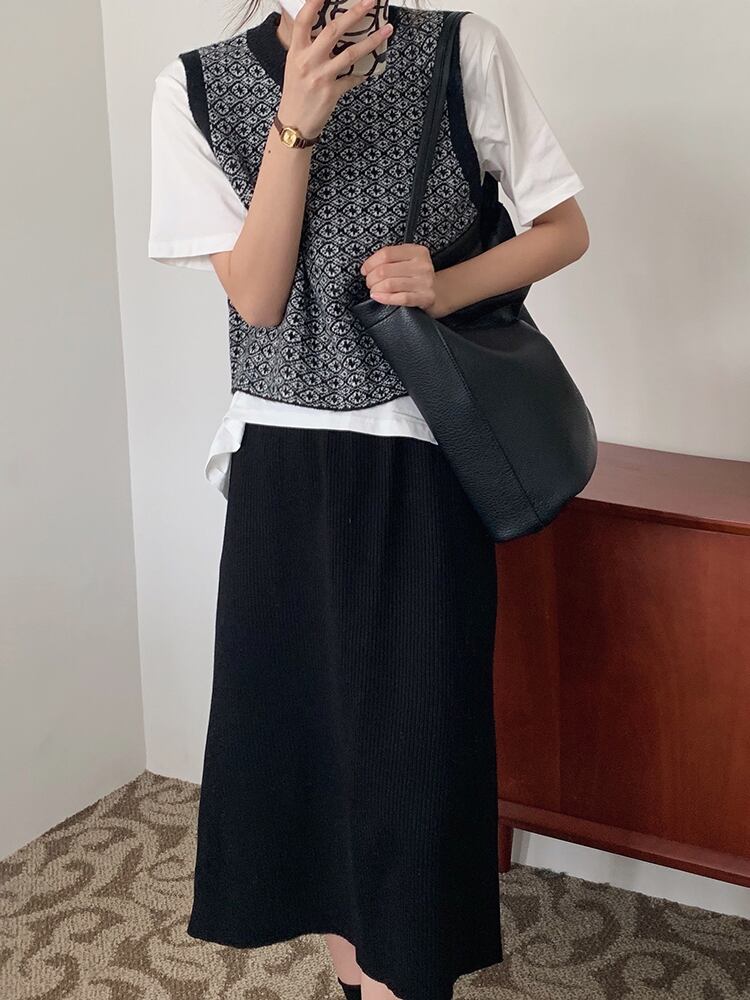 ニットオータムショートルーズラウンドネックプルオーバー ノースリーブセーター カラー 秋物 Oネック ビッグFスモールZ韓国30188802151