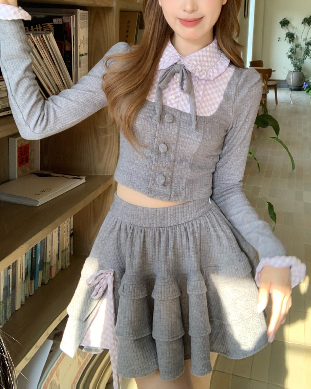 チェックドールグレーニットセットアップ 25WP08028