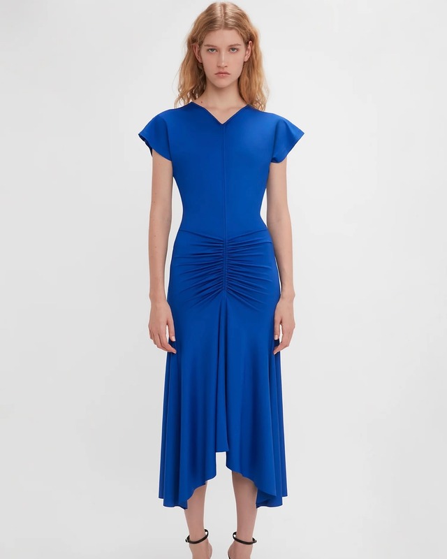 【Victoria Beckham】Sleeveless Rouched Jersey Dress In Royal Blue