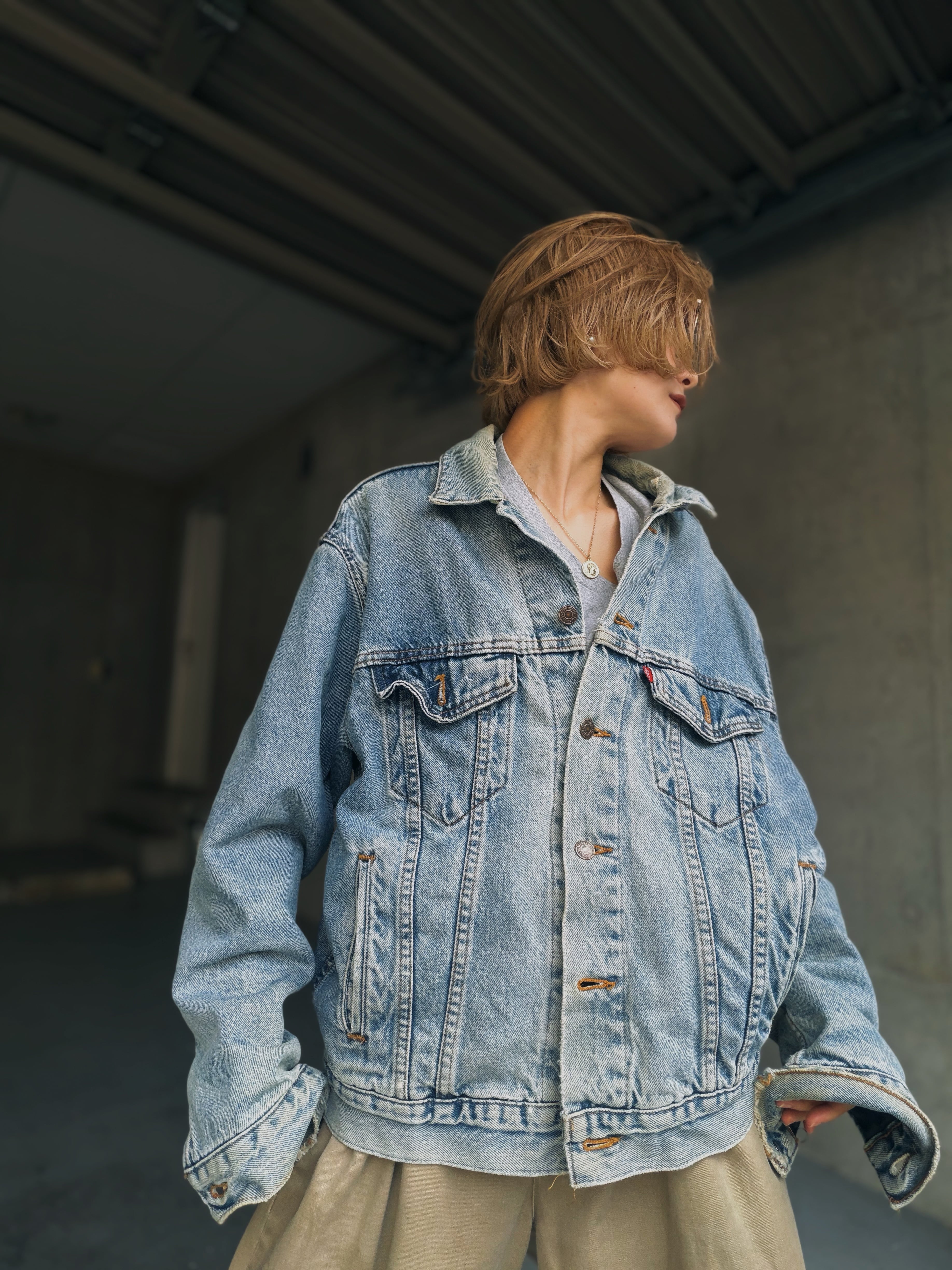 (OT1528)90's Levi's check lining denim jacket made in USA