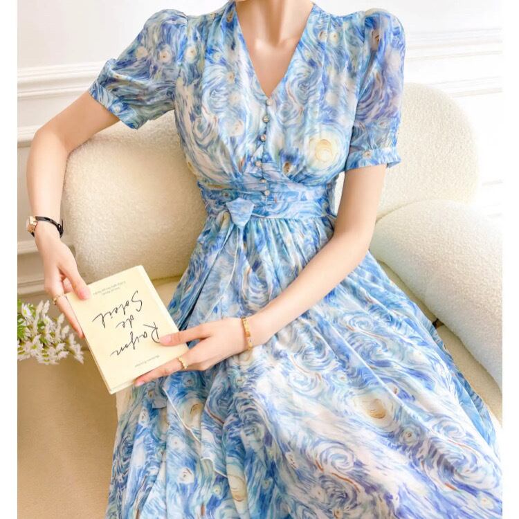 ゴッホ風ギャザーウェストドレス34221