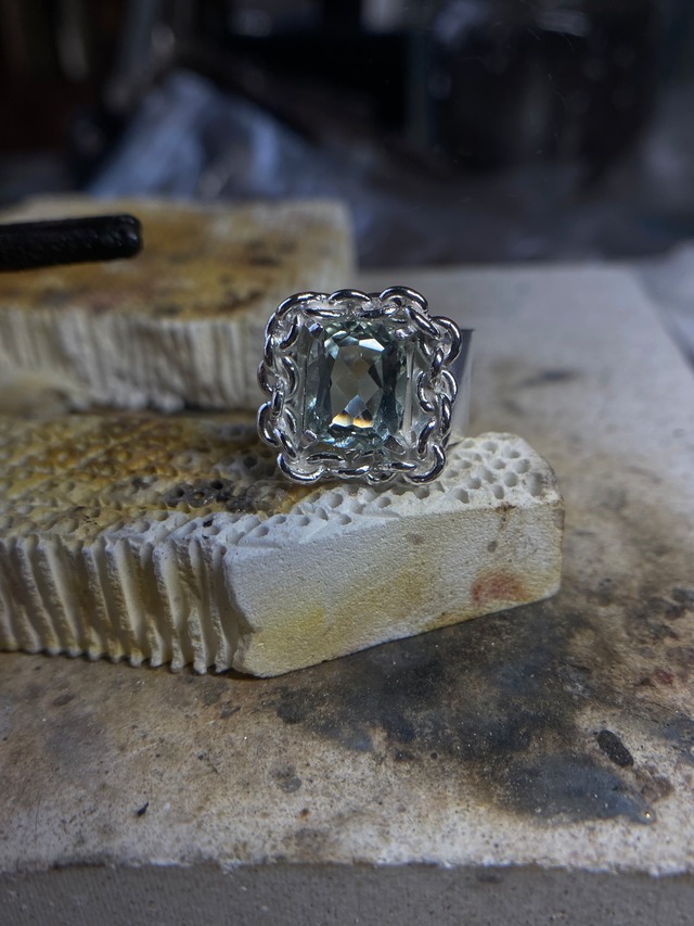 [R020-green quartz] Silver 925 Chain frame ring