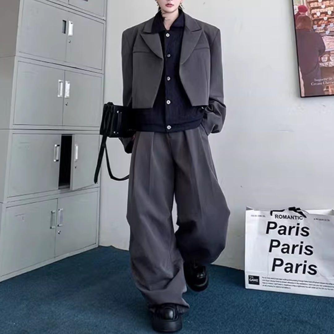 フェイクツーピースショートジャケット&ワイドレッグパンツセットアップ 2カラー D11917