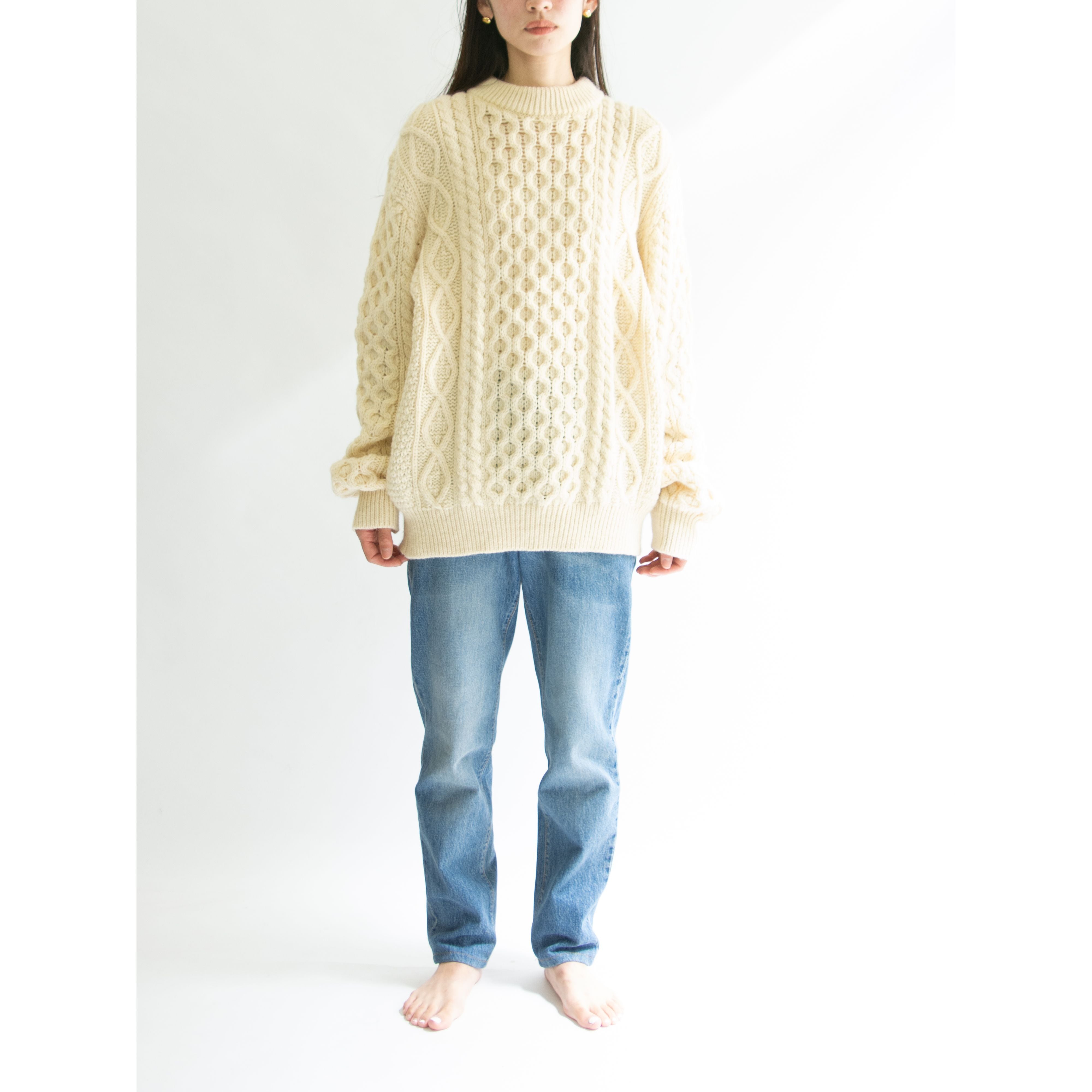 【Niffi】Made in England 100% wool Aran sweater(ニッフィ 英国製 ウールアランセーター クルーネックケーブルニット)12a