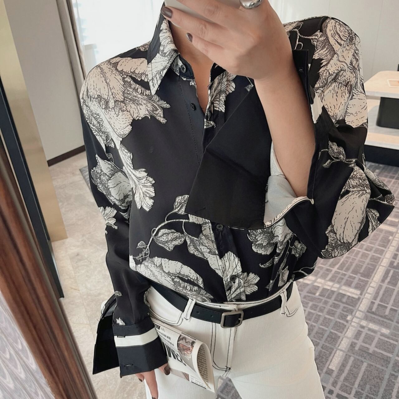 Botanical Print Oversized Shirt 00785