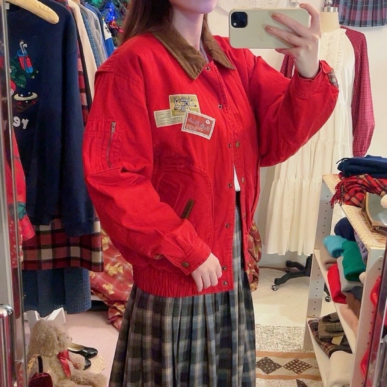 corduroy collar check liner red blouson