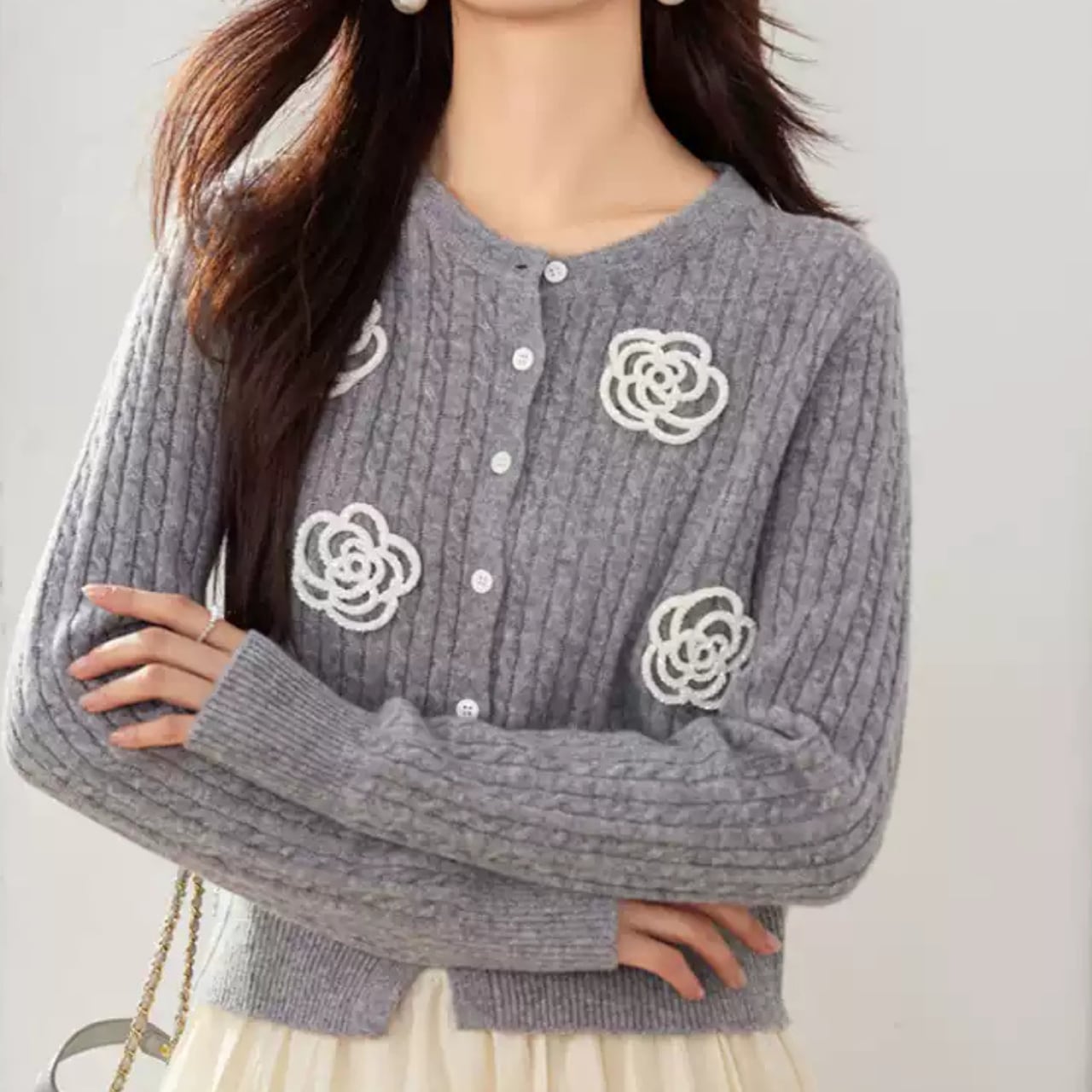 フラワー グレー ショート ニットカーディガン