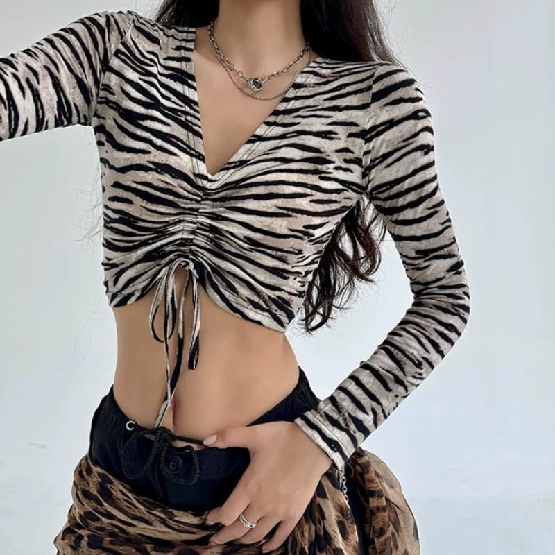 zebra ruched v-neck crop top la2177