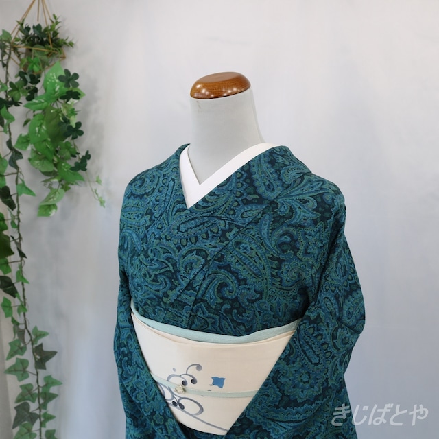 正絹紬　御召茶に刺し子の鳥の刺繍の付け下げ　単衣