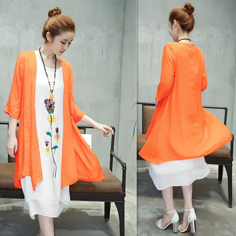 ３点セット ロングカーディガン ノースリーブ ワンピース ネックレス 羽織り 膝下 ミモレ ミモレ丈 7分袖 七分袖 ラウンドネック 刺繍 綿 リネン ツーピース きれいめ カジュアル おしゃれ お洒落 アジアン エスニック エキゾチック 大人女子 花柄 夏 10代 20代 30代 40代 3点セット ロングカーディガン ノースリーブ ワンピース ネックレス