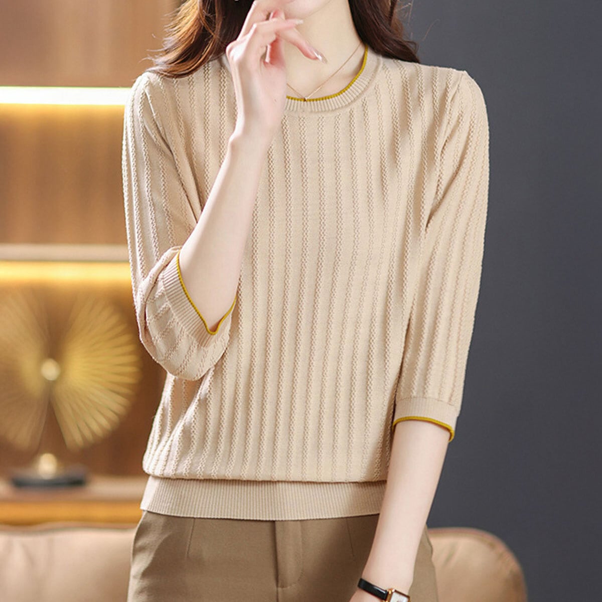 透かし編み ニット 七分袖 レディース 春夏 韓国 リブニット きれいめ シンプル 大人 カジュアル おしゃれ クルーネック トップス インナー サマーニット 大人可愛い 大人女子