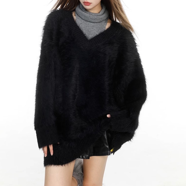 mohair knit v neck oversized mini dress la1337