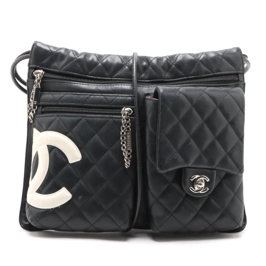 Rare ◇ CHANEL Cambon Line Lambskin Shoulder Bag with Multiple Pockets, Black and Silver, 9854498