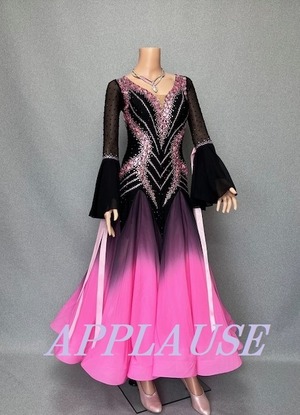 【新着】社交ダンス ドレス　スタンダード　モダンドレス　ブラック×ピンク　M   ST-25-16  デモ・競技用ドレス　発表会衣装　パーティドレス　ワンピース　舞台衣装