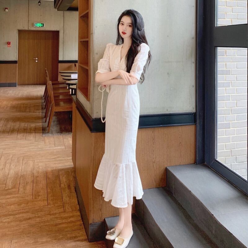 オータムウィンタースタンダードVネックホワイトスカート ウェストドレス レトロ 秋物 冬物 YY-ファッション61313978897