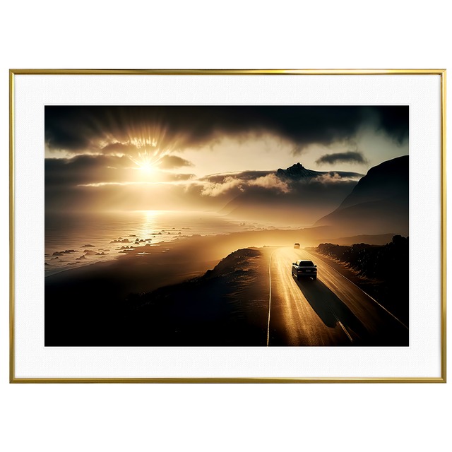 夕日写真夕陽に染まる道を走る車 インテリアアートポスター額装 AS1659