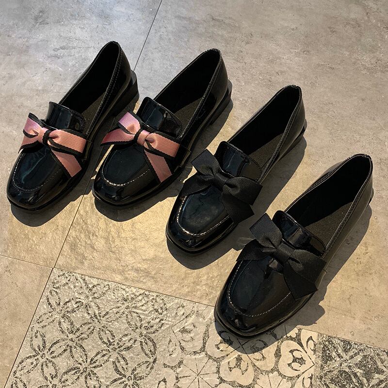 ブラックインスモールレザーシューズレディース2019秋新英国風レトロローファーフラットボトムボウシングルシューズ 部族の婦人靴6132501