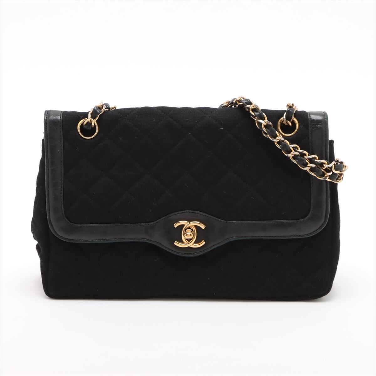 Extremely Rare ◇ CHANEL Matelassé Cotton Double-Flap Double-Chain Shoulder Bag with Coco Logo, Black