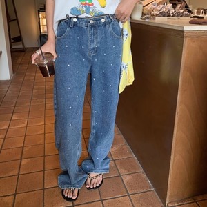 loose straight denim pants with rhinestones　2litr05240
