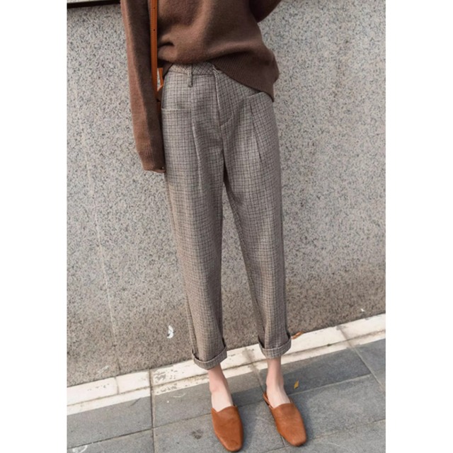 【チェック柄ハイウエストテーパードパンツ】P00684