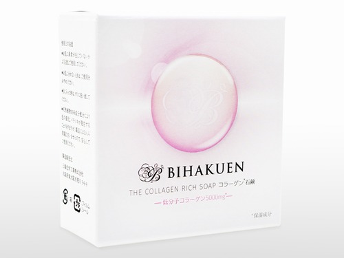 【(BIHAKUEN) コラーゲン石鹸 100g】　低分子コラーゲン5000mgを配合し、洗い上がり後も高い保湿力が持続するせっけんです。