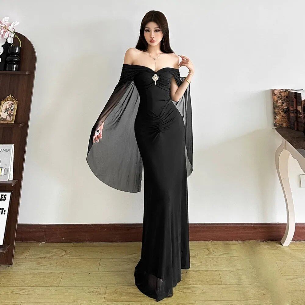 シルクのような光沢のあるエレガントなロングドレス、女性用メッシュパッチワーク、スラッシュネック、メタルトリム、シェイプウエスト、スリムな印象、プロムパーティー、スキニーベスティド