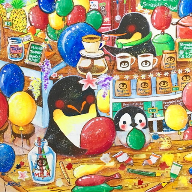 絵画 絵 ピクチャー 縁起画 モダン シェアハウス アートパネル アート art 14cm×14cm 一人暮らし 送料無料 インテリア 雑貨 壁掛け 置物 おしゃれ イラスト ペンギン ぺんぎん アニマル 風船 ふうせん フウセン 動物 ロココロ 画家 : 高井 りさ 作品 : ペンギンが空飛ぶ方法を知ってる？