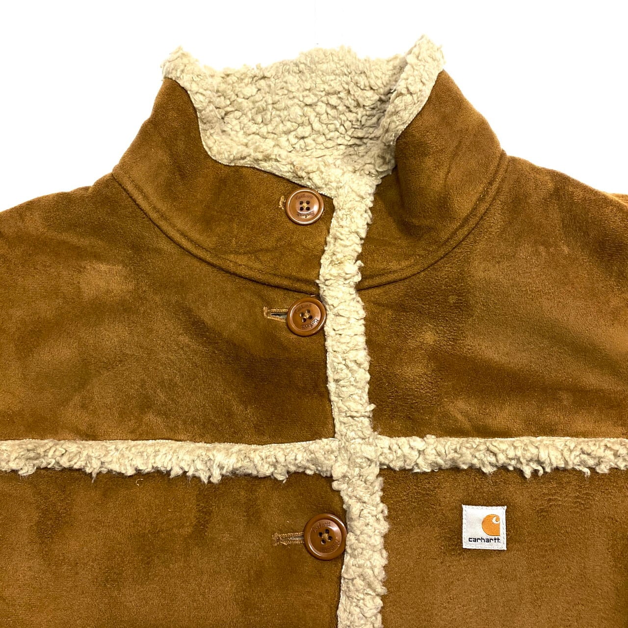 カーハート ムートンランチコート レディースl メンズm 古着 Carhartt フェイクレザージャケット ボア ブラウン 茶色 ブルゾン ジャケット Cave 古着屋 公式 古着通販サイト