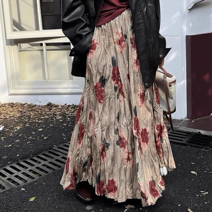 FLOWER PRINT A-LINE WRINKLED MAXI DESIGN SKIRT 1colors M-16124