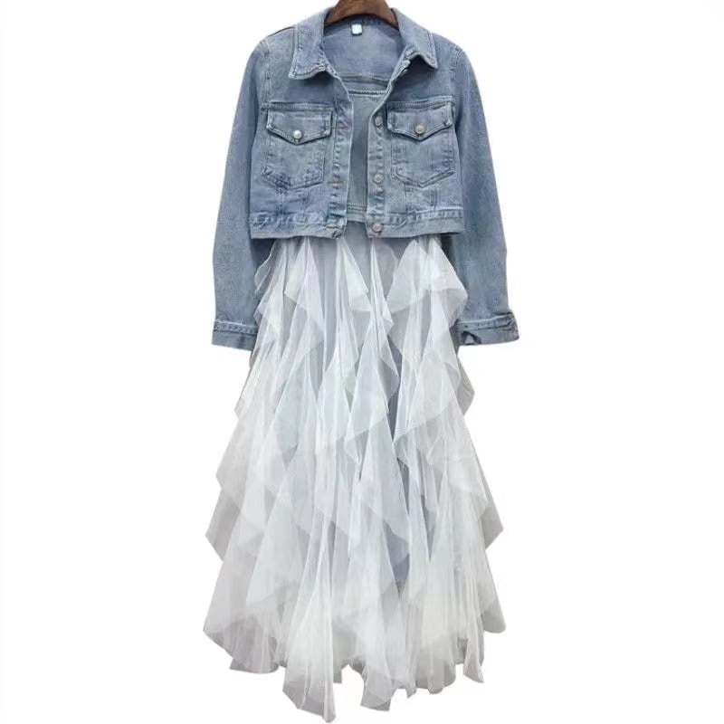 set】好感度アップセットアップデニムジャケット+切り替えキャミ