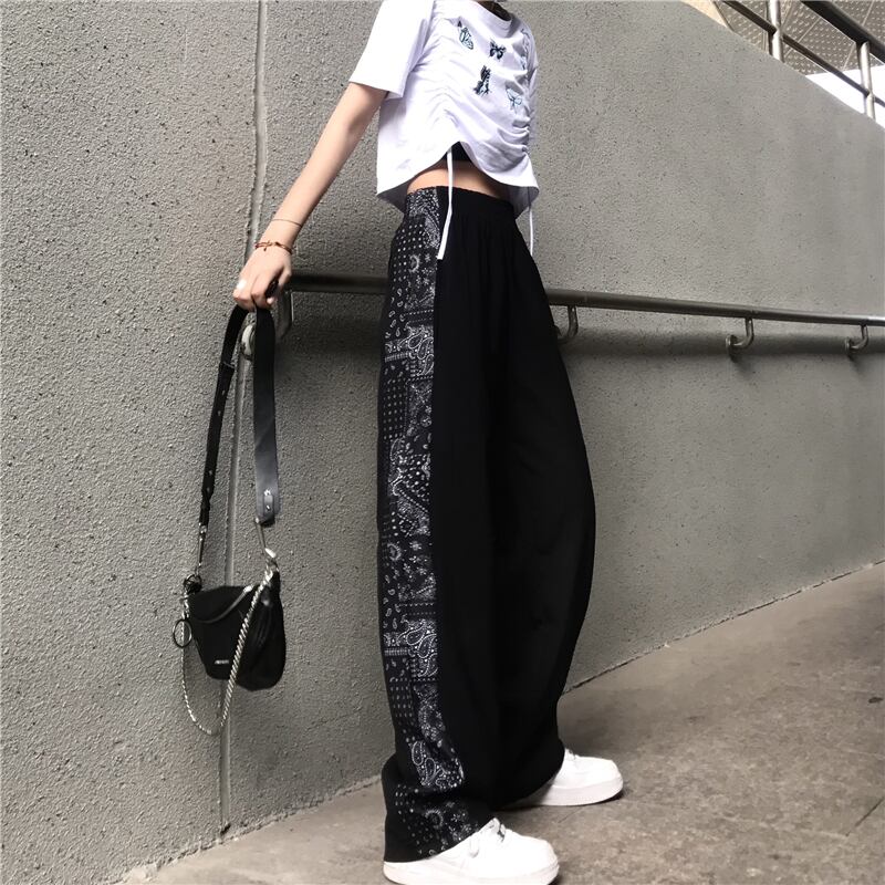 山本シリーズ ズボン 黒 ペイズリー柄 カッコイイ ゆったり レディース カジュアル ダボダボパンツ Elegant
