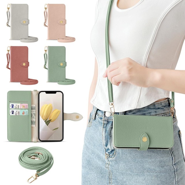 Kahper for いphone14 ケース 手帳型 おしゃれ 女性 ショルダー iPhone14ケース手帳型 可愛い アイフォン14 ケース 手帳型 首掛け おしゃれ アイホン14ケース手帳型 衝撃吸収 スマホケース iphone14 PUレザー 全面保護 擦り傷防止 防塵 落下防止 携帯ケース カード収納 大人 女性 上品 人気(6.1対応グリーン)