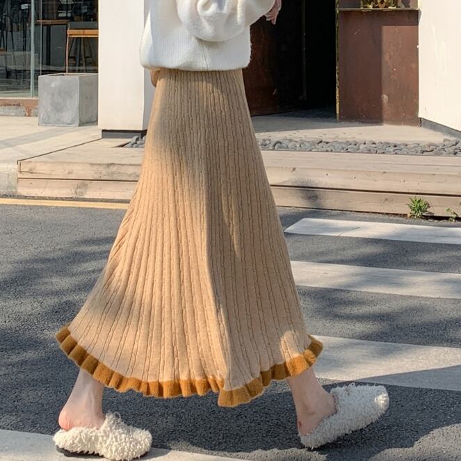 スカート レディース ロングスカート ロング丈 スリム ストレート Aライン 切り替えデザイン 裾フレア ハイウエスト ウエストゴム ニット かわいい 大人可愛い シンプル カジュアル 大人 おしゃれ レトロ 大人女子 こなれ感 ラフ ラブリー キュート ガーリー 個性的 送料無料 フリーサイズ ゆったり ブラック ブラウン イエロー 無地 春 秋 10代 20代 30代 OL 通勤 学生 通学 デート お出かけ 女子会 着回し 普段使い 韓国系 ファッション スタイル 楽ちん モテ 体型カバー トレンド