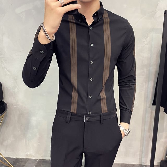 【予約販売】シャツ 長袖 シンプル バイカラー ストライプ柄 ライン スリム ベーシック モノトーン メンズ ホワイト ブラック カジュアル シック こなれ感 お洒落 韓国 トレンド 春 秋 M/L/XL/2XL/3XL