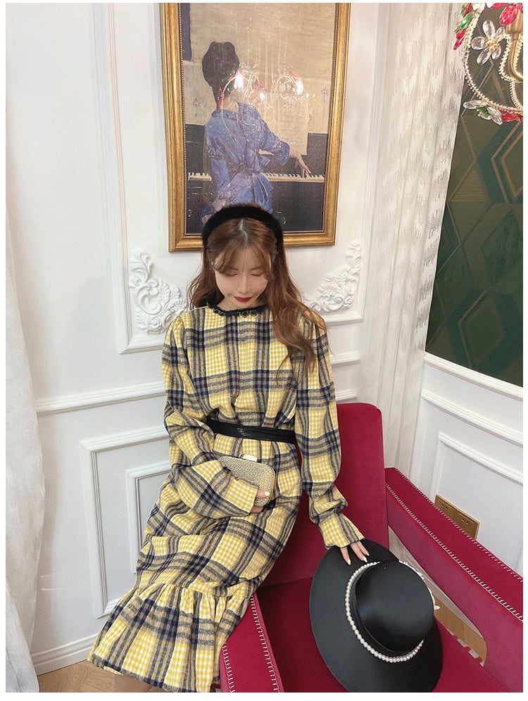 黄色 チェック ワンピース ゆったり ガーリー ツイード 黄色 黒 リボン