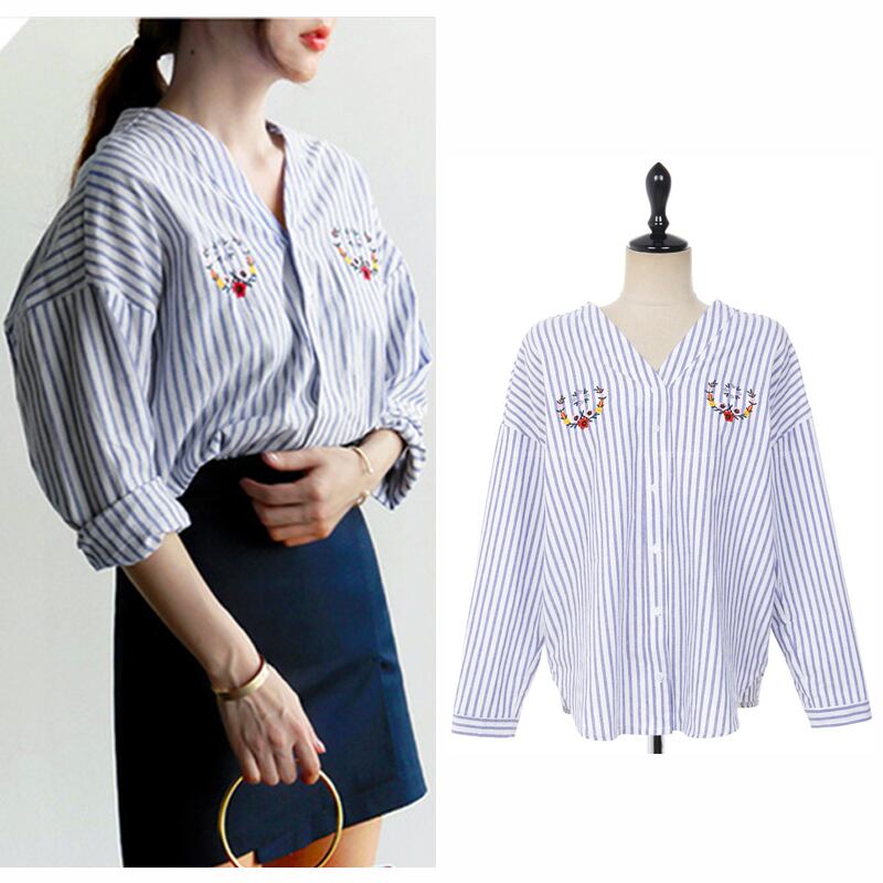 ノーカラー Vネック 花刺繍 ストライプシャツ