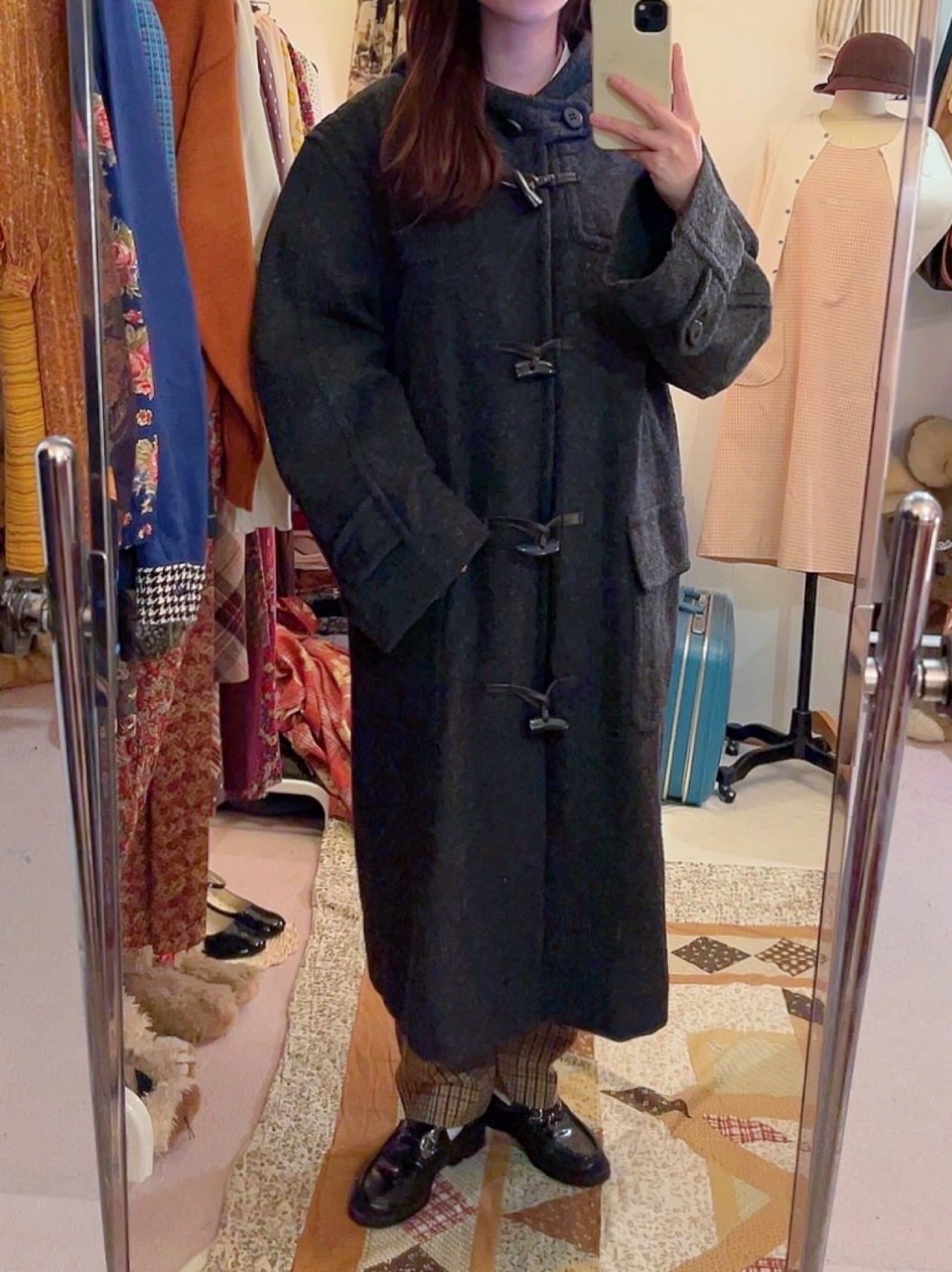 gray big duffle coat