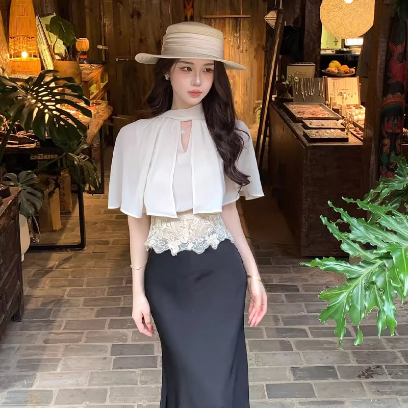 【set】レースドッキングシフォンケープトップス×ロングスカートセット Q8487