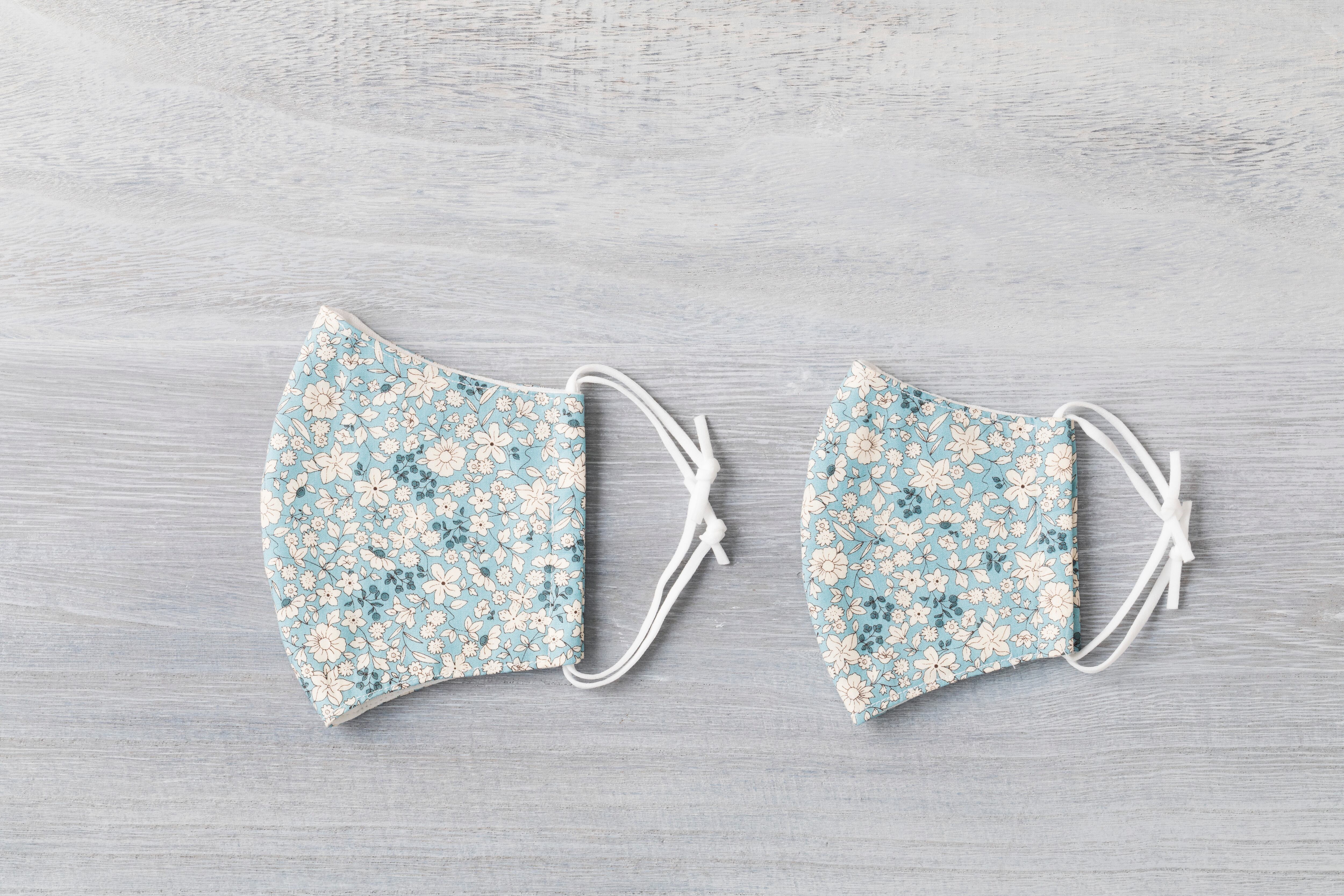 親子マスクセット(大人用&子供用) 花柄 ブルー&ホワイト