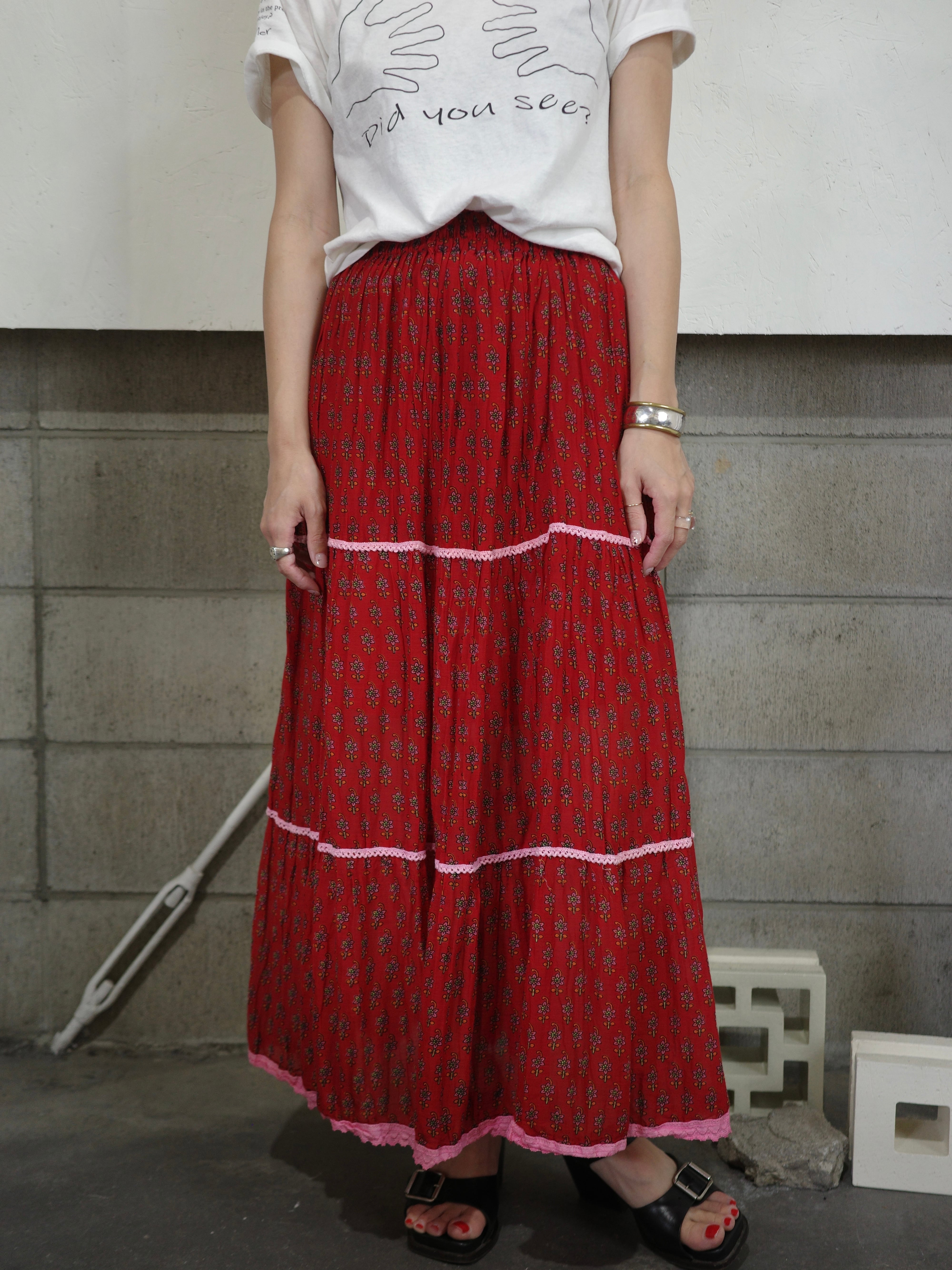 <vintage>90’s flower gather maxi skirt