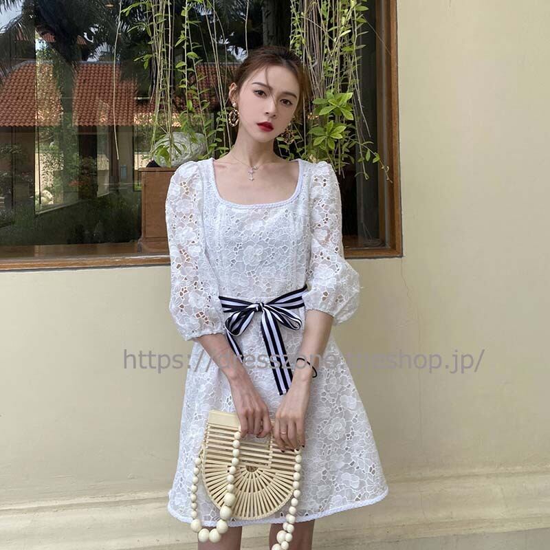 ショート丈ワンピース カジュアルワンピース レディースファション 普段着 デート 女子会 プレゼント 母の日 通勤 S M L 長袖 文芸的 気質良い 七分袖 レース 切り替え 透かし彫り ホワイト 白い Dresszone