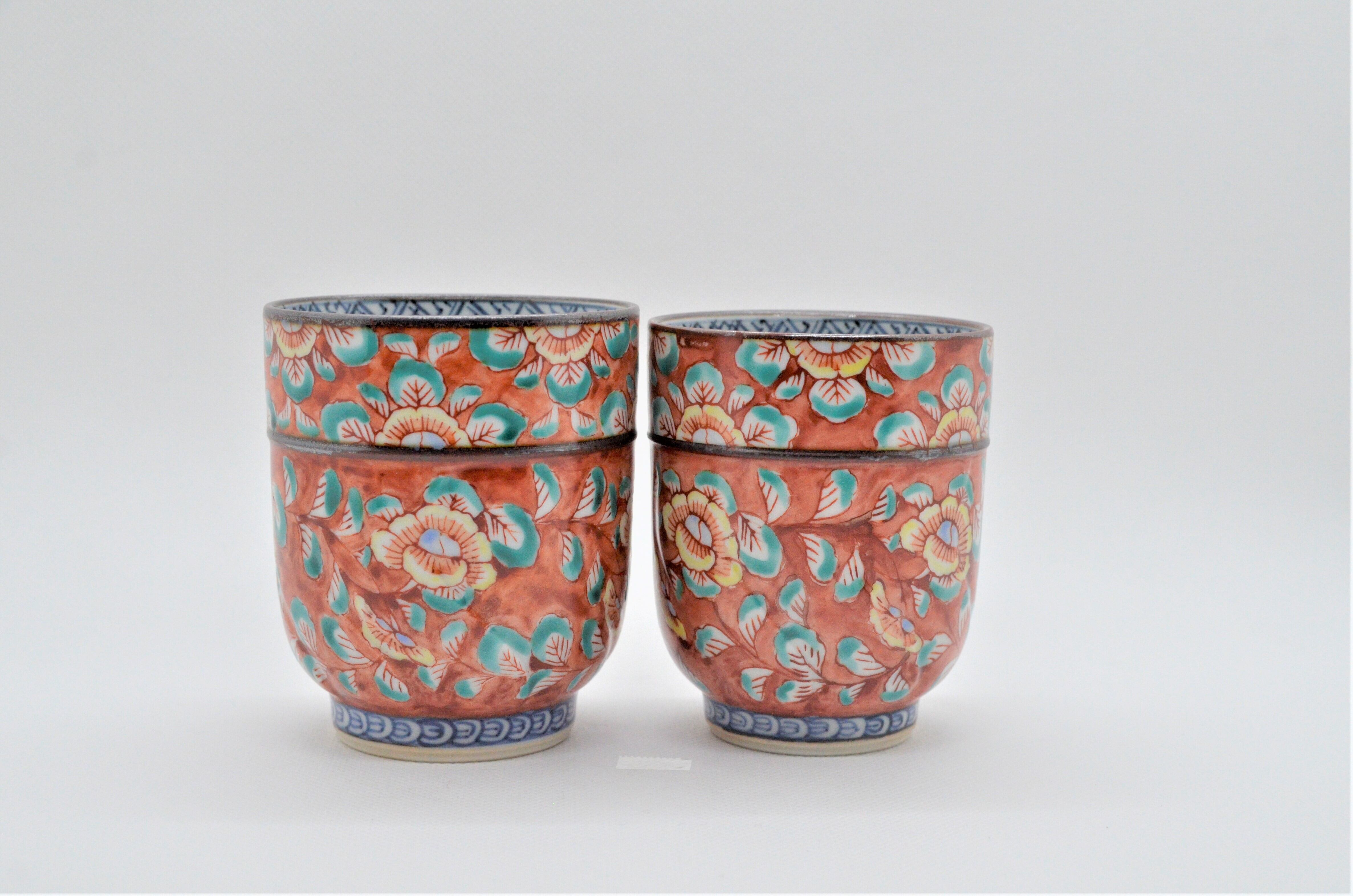 京焼・清水焼 組湯呑 赤濃牡丹唐草(あかだみぼたんからくさ) 壹