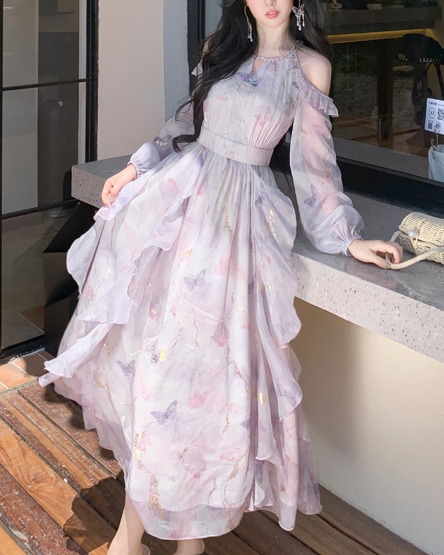 オフショルダーパープルバタフライワンピース　2507015