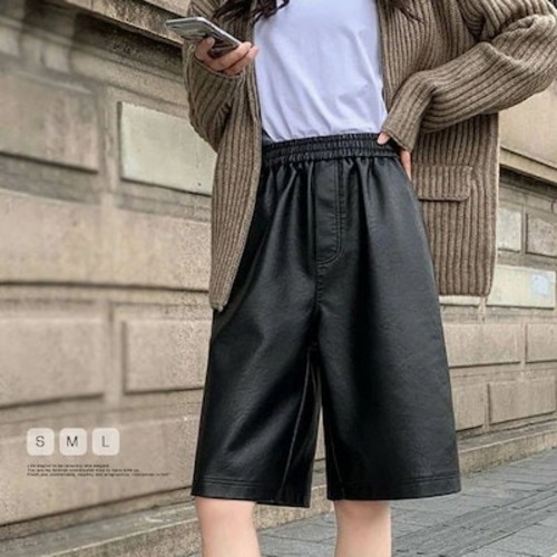 PUレザー ワイドパンツ レディース パンツ 春 秋 冬 無地 おしゃれ 5分丈 5分丈パンツ 合成皮革 ウエストゴム ボトムス ハイウエスト カジュアル 美脚パンツ 着やせ 秋冬 スラックス 大人パ