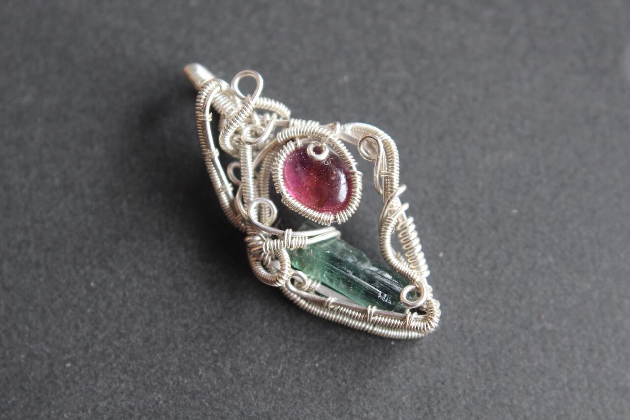 Green & Pink Tourmaline silver925 wire wrapping pendant