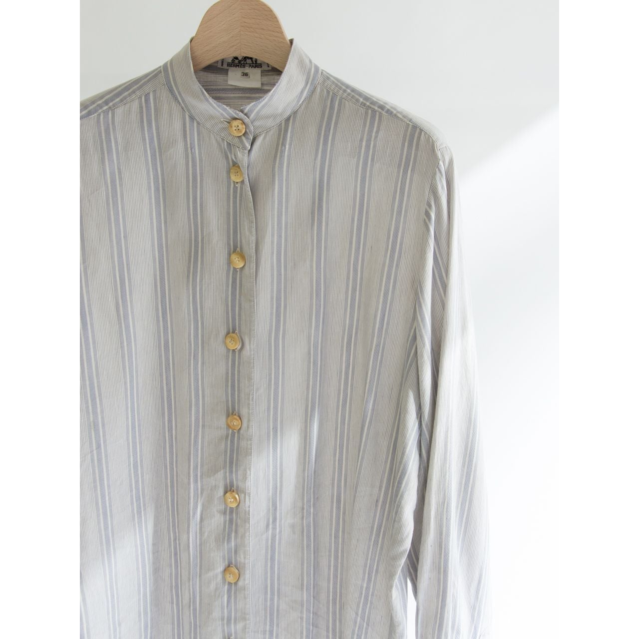 【HERMES-PARIS】Made in France Cotton-Linen Band Collar Stripe Blouse（エルメス  フランス製コットンリネン ストライプ バンドカラーシャツ） | MASCOT/E powered by BASE