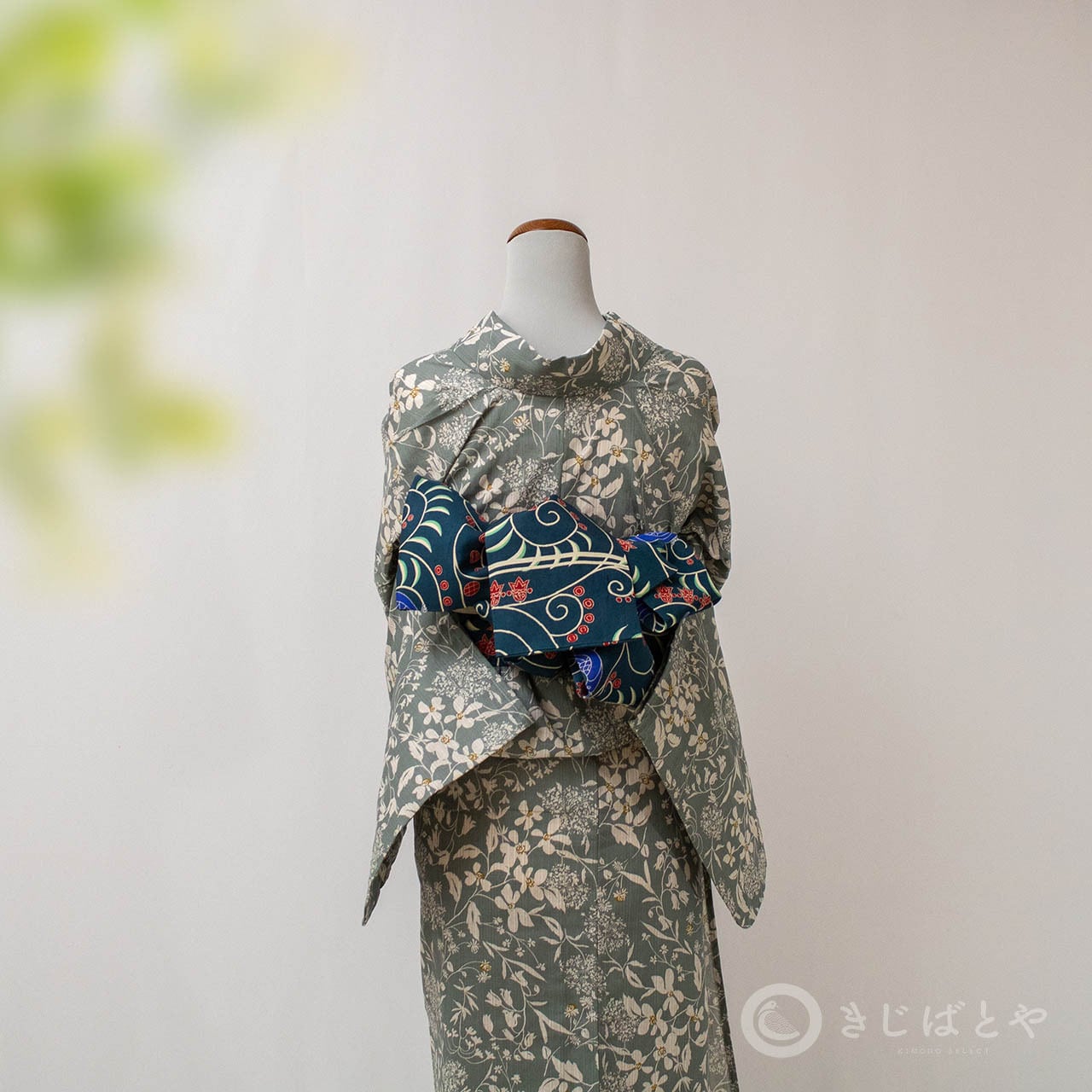 正絹 錆青磁 丸菱 素色花 着物リメイクドレス* 綿麻浴衣 錆青磁に季節の花々 | きじばとや